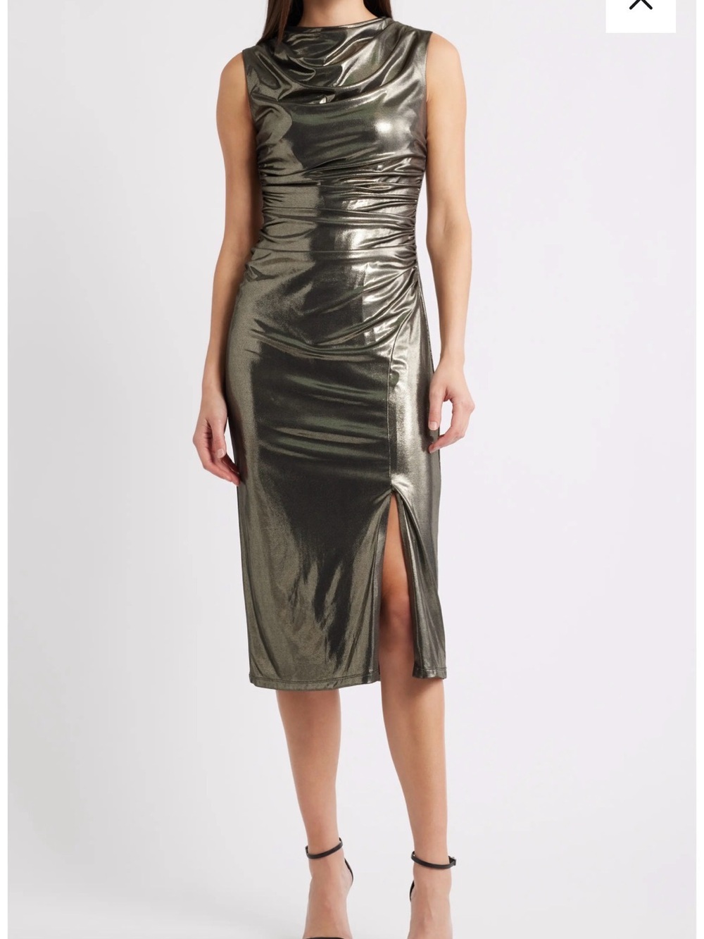 Vince Camuto Metallic Draped Sleeveless Midi Dress - Shimmery Olive Sz 2